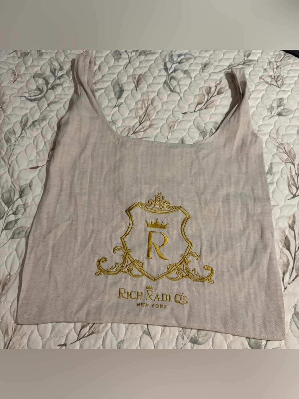 Rich Radi Q’s New York Embroidered Crest Linen Tote Bag